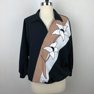 Vintage 80s Graff Bold Appliqué Blouse Large Pullover Black Tan White Western